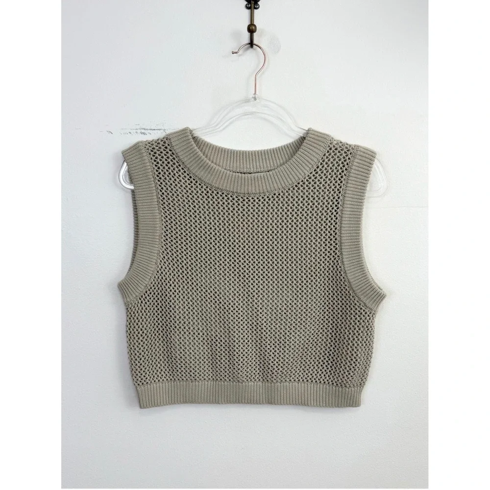 En Saison Open Knit Sweater Tank Beige Sleeveless Cropped Top Size L